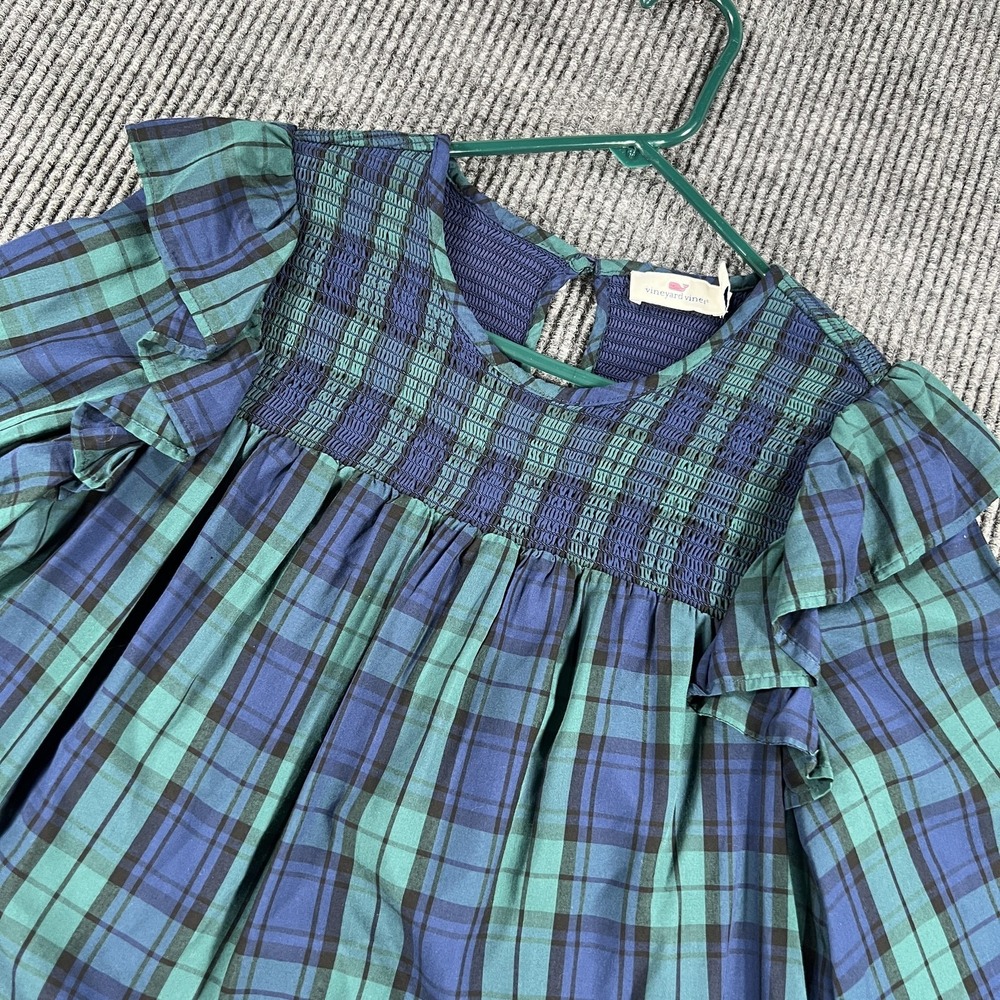 Vineyard Vines Shirt Womens Small Blue Green Plaid Smocked‎ Ruffle Long Sleeve
